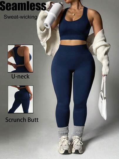 Rhythm Era Bộ đồ thể thao liền mạch màu xanh hải quân cỡ lớn, gồm áo tank top và quần legging lửng tập thể dục ngoài trời (2 món).
