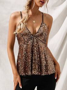 Aveloria Modichic Áo hai dây mùa hè dự tiệc dành cho nữ, cổ chữ V đính sequin, viền bèo nhún, dây mảnh. - Rượu sâm banh - Xem 1