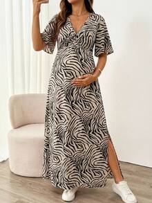SHEIN Pregnant Women's Vacation Zebra Print Short Sleeve Side Slit Hem Elegant Dress - Khaki - View 1