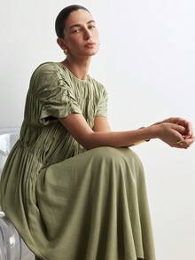 Aalyst 女士休闲宽松褶皱口袋连帽连衣裙，优雅浪漫，适合外出、约会、复活节、母亲节、通勤、度假、夏季穿着。 - 藍色 - 查看 8