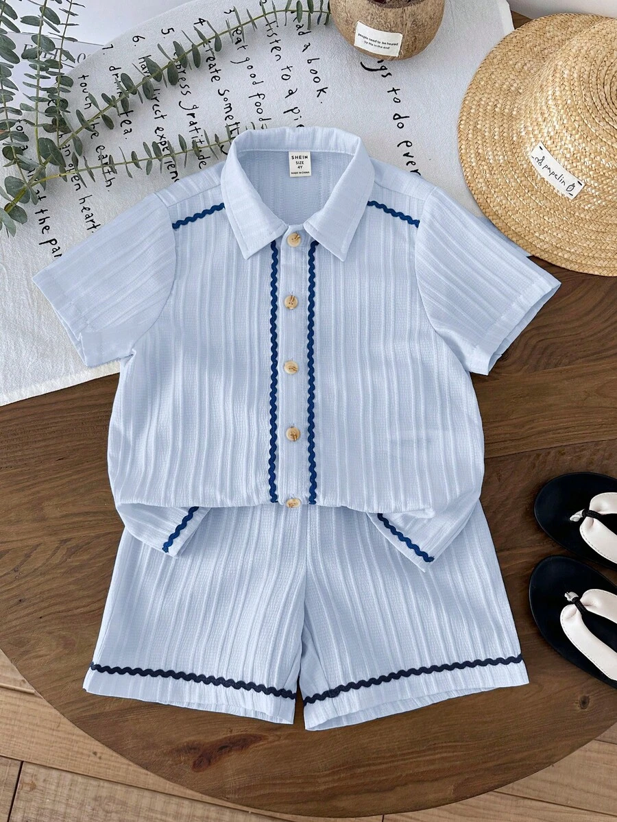 LMoss Kids Bộ 2 món áo sơ mi và quần short dệt kim thường ngày cho bé trai - Màu xanh nhạt - Xem 1