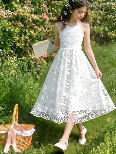 Glamorique Kids Đầm dài ren hoa và lưới phối hợp cho bé gái, thích hợp cho đám cưới, tiệc sinh nhật, tiệc chiêu đãi, mọi mùa.