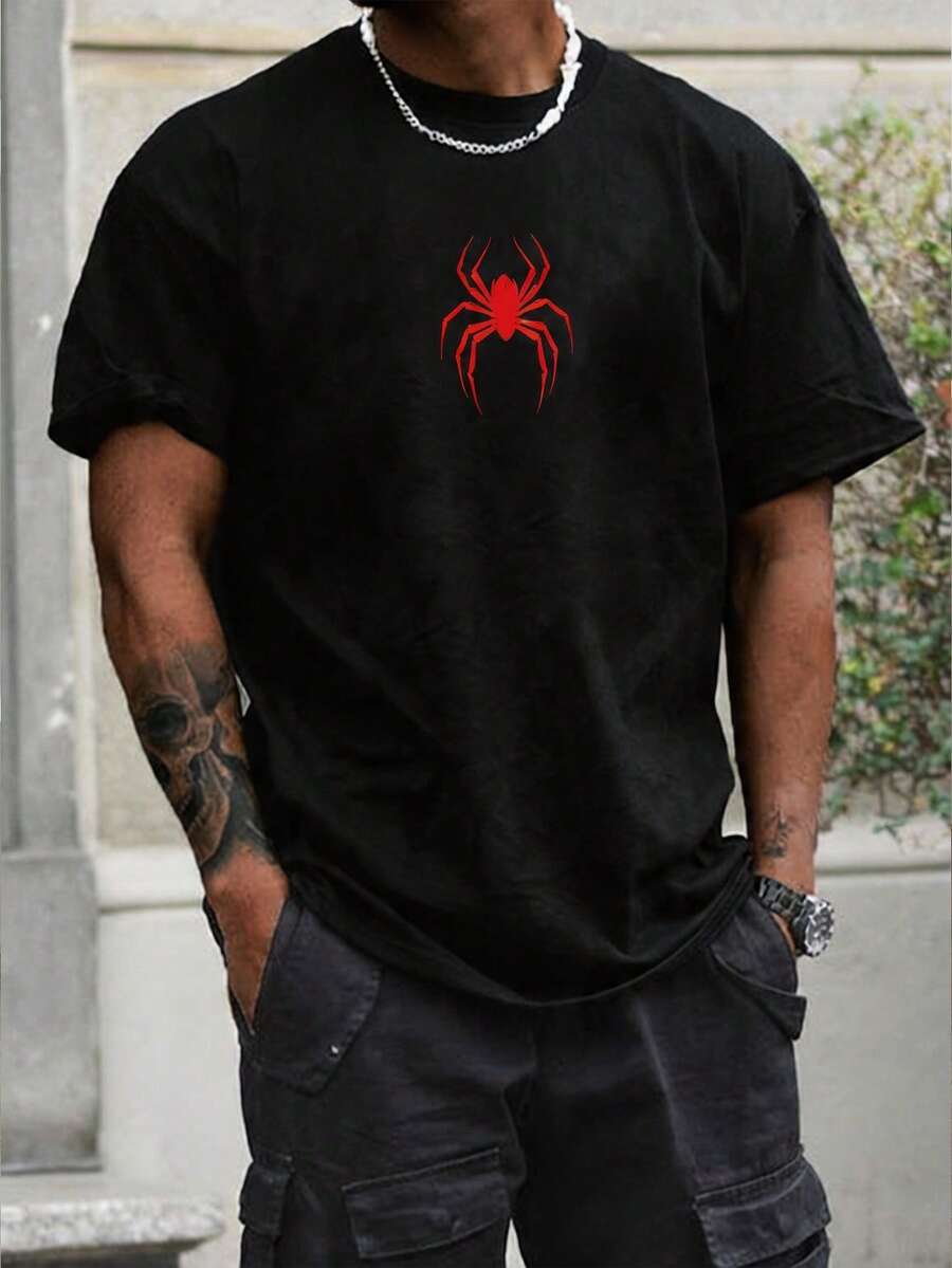 Manfinity ZONE917 Men Spider Print Round Neck Short Sleeve T-Shirt, Fashion, For Going Out, Boxing Tee, For Husband, Spider Shirt, Red Spider Shirt, Graphic Tees - Black - View 1