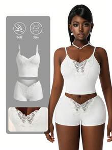 Amplova 2026新款蝴蝶装饰性感透视低胸吊带背心短裤套装，女士睡衣家居服 - 白色 - 查看 16