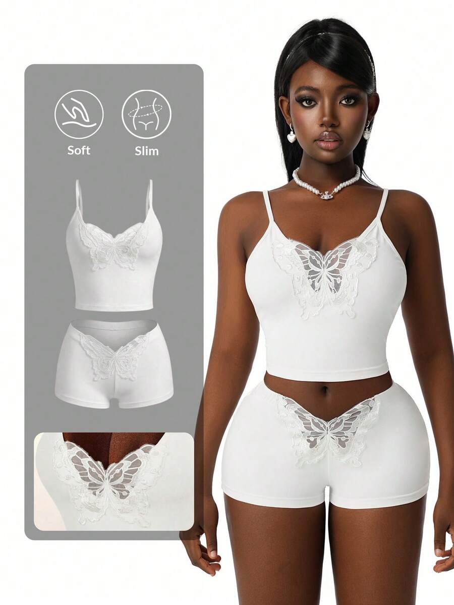 Amplova 2026新款蝴蝶装饰性感透视低胸吊带背心短裤套装，女士睡衣家居服 - 白色 - 查看 1