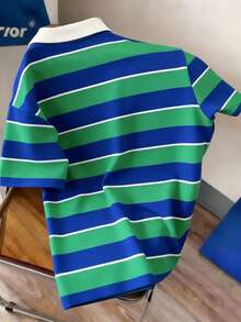 Manfinity Joysei Men's Retro College Style Blue & Green Striped Polo Shirt, Young & Fashionable, Suitable For Daily Wear - Multicolor - View 2