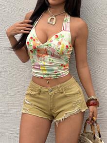 Rivivi 夏季休闲破洞低腰牛仔短裤 - 卡其色 - 查看 7