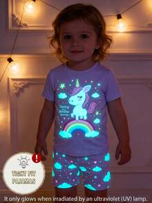 Young Girl' Navy Blue Cute Unicorn Print Short Sleeve Shorts 2 Pieces Pajama Set - Mauve Purple - View 8