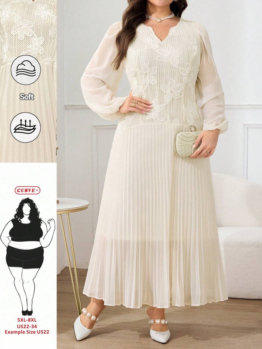 SHEIN CURVE+ Váy dài dáng chữ A màu mơ thanh lịch dành cho nữ cỡ lớn, cổ chữ V, tay phồng, gấu váy xếp ly, váy cưới màu trắng cổ điển. - Màu be - Xem 1