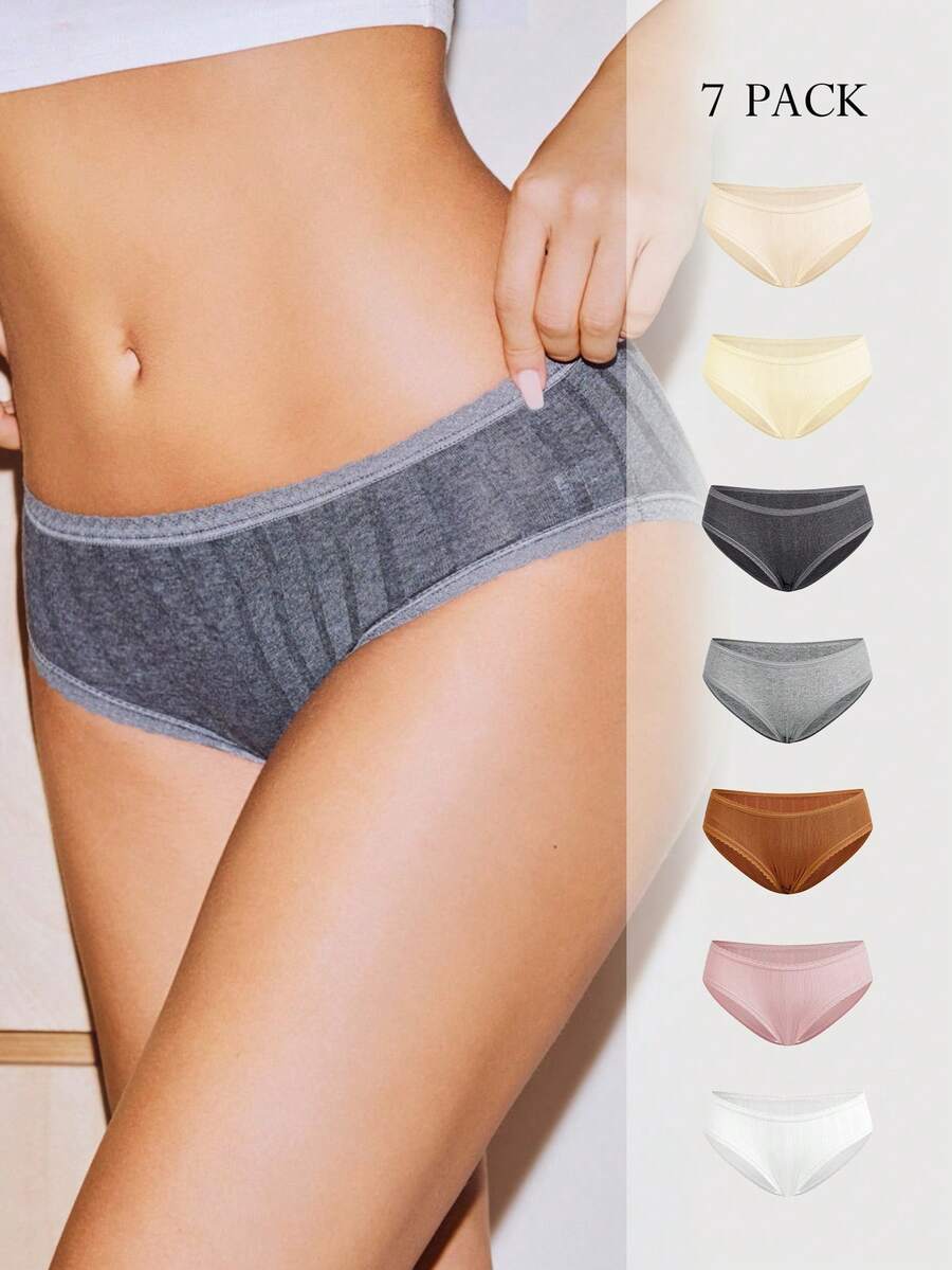 Lowkey Lull Women Casual Comfy Rib Knit Multicolor Briefs With Contrast Lace Trim Medium Stretch Panties - Multicolor - View 1