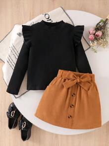 SHEIN Elladie kids 2件套青少年女孩休闲纯色长袖T恤和裙子套装 - 彩色 - 查看 7
