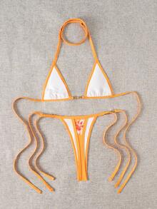 SHEIN Swim Vcay 2件套女士新款印花细肩带露背超三角比基尼上衣和丁字裤性感比基尼套装 - 橘色 - 查看 2