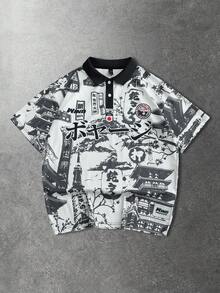 ROMWE MEN Anime Men's Street Style Japanese Print Polo Shirt, Suitable For Spring/Summer - White - View 5