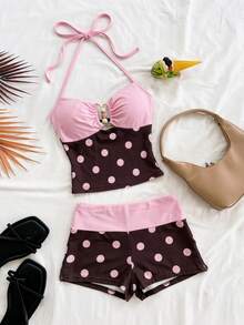 Soleia 女士夏季Y2K百搭休闲舒适针织波点拼接撞色露背迷你修身性感热辣上衣和短裤套装。适合度假、派对、约会、嘉年华、下午茶、海滩、邮轮、城市旅行、音乐节等多种场合。派对上衣、夏季上衣、女士夏季套装 - 彩色 - 查看 1