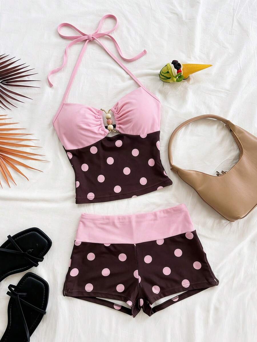 Soleia 女士夏季Y2K百搭休闲舒适针织波点拼接撞色露背迷你修身性感热辣上衣和短裤套装。适合度假、派对、约会、嘉年华、下午茶、海滩、邮轮、城市旅行、音乐节等多种场合。派对上衣、夏季上衣、女士夏季套装 - 彩色 - 查看 1