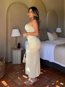 Maria Perezxox Spring/Summer Elegant Halter Vacation Orchid Decor High Slit Petite Women Long Dress - Yellow - View 4