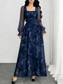 Modelyn 芙蓉碎花时尚方领灯笼袖女士长连衣裙，夏季收腰优雅印花藏蓝色连衣裙，适合夏季度假和日常穿着 - 彩色 - 查看 4