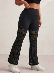 SHEIN Rhythm Era Plus-Size Women's High-Waisted Geometric Mesh Flared Sweatpants - Black - View 6