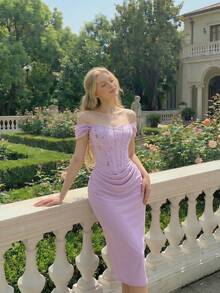 SHEIN MOD 紫色露肩刺绣鱼骨边连衣裙 - 紫色 - 查看 3