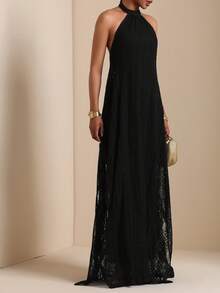 Vesra Women's Solid Color Elegant Party Halter Dress - Black - View 4