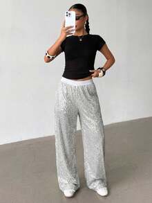 SHEIN Teen Girl Silver Sequin Loose Pants, Shiny Design, Casual For Any Occasion - Silver - View 4