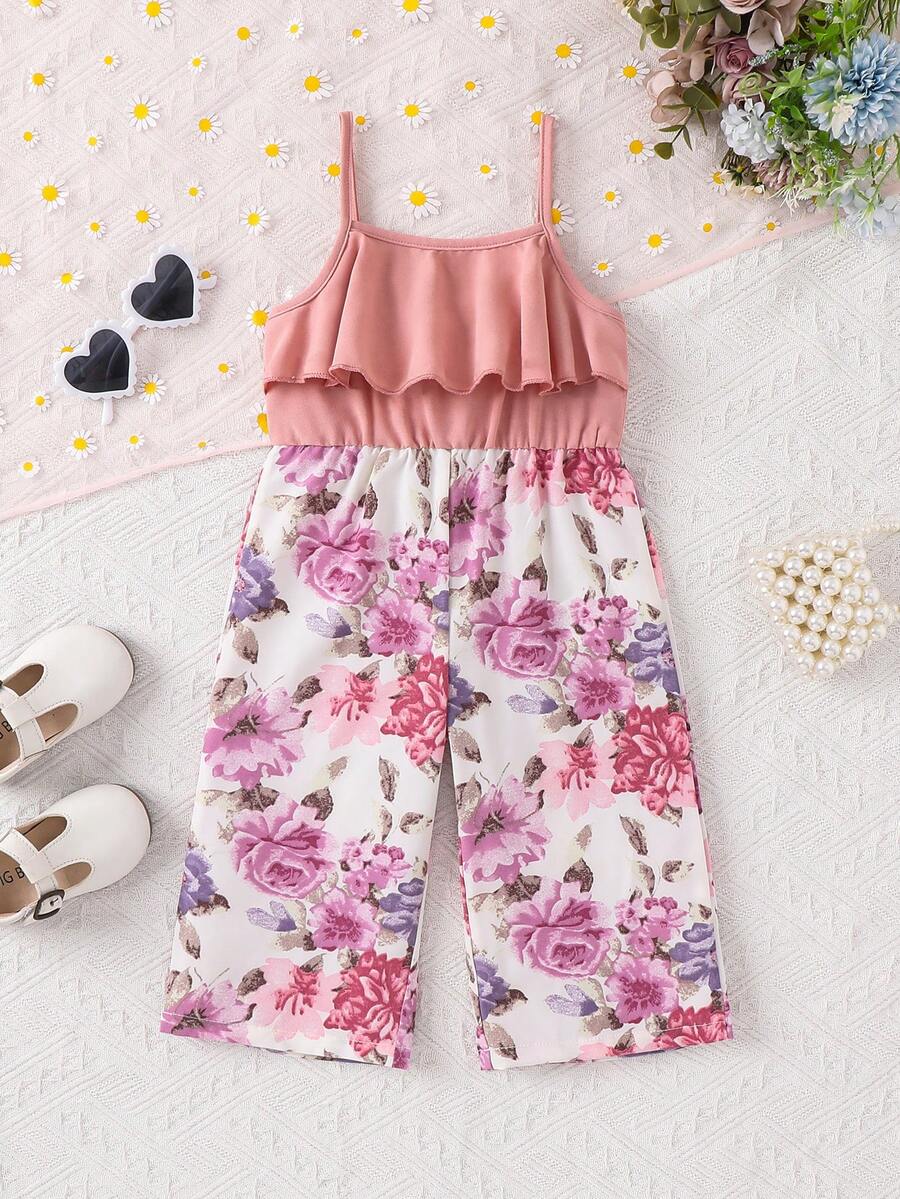 SHEIN 女婴可爱碎花无袖连体衣，夏季 - 粉色 - 查看 1