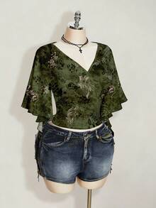 SHEIN ICON Vintage Pattern Plus Size Women Black T-Shirt, Green Top, Fashionable Streetwear, Music Festival - Multicolor - View 6