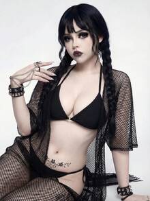 ROMWE Goth 女士优雅哥特风网纱透明流苏系带泳衣罩衫，适合海滩、度假、春夏秋季穿着 - 黑色 - 查看 3