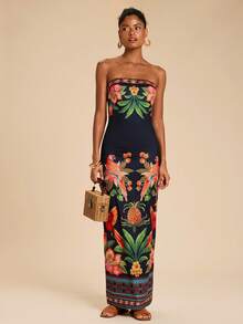 Travachic Women's Tropical Print Strapless Dress, Summer Vacation - Black - View 3
