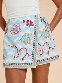 SHEIN TRVLCHIC 女士度假海洋生物印花不对称下摆系带腰裙裤 - 彩色 - 查看 1