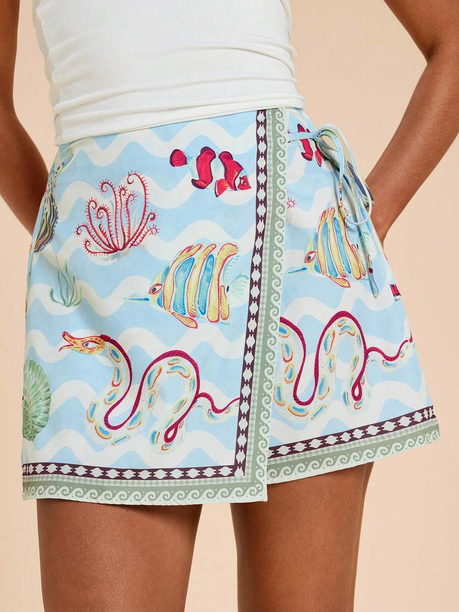 SHEIN TRVLCHIC 女士度假海洋生物印花不对称下摆系带腰裙裤 - 彩色 - 查看 1