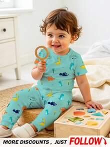 Bubblio Baby Boy Casual Dinosaur Cartoon Print Green Minimalist Snug Fit Round Neck Comfortable Short Sleeve Top And Pants Pajamas Set, Suitable For Spring/Summer - Multicolor - View 6