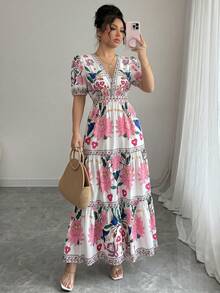 SHEIN Elenzya Đầm tay cánh hoa in họa tiết hoa dành cho nữ, kiểu dáng thanh lịch cho kỳ nghỉ. - Nhiều màu - Xem 6