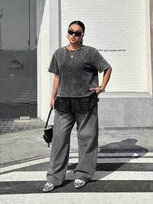 Muchica 大码女式仿牛仔印花撞色蕾丝下摆短袖T恤 - 黑色 - 查看 4