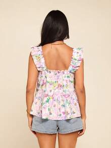 Coeurva Women's Elegant Boho White Floral Print Sleeveless Top,Comfortable Square Neck Summer Blouse,Cute Girly Tops For Holiday Vacation,Daily Casual Wear - Purple - View 13