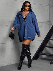 Slaydiva Plus Size Women Distressed Denim Jacket, Fashionable Versatile - Medium Wash - View 1