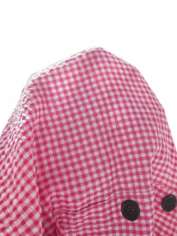 Plus Size Women's Casual Black & White Plaid Short Sleeve Shirt With Button Decor, Spring/Summer
