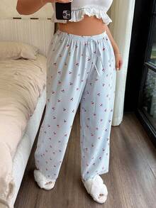 Napfluff CURVE Napfluff CURVE Plus Size Women Casual Comfortable Striped Cherry Print Drawstring Loose Straight Woven Pajama Pants - Baby Blue - View 1