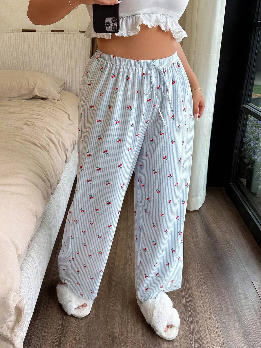 Napfluff CURVE Napfluff CURVE Plus Size Women Casual Comfortable Striped Cherry Print Drawstring Loose Straight Woven Pajama Pants - Baby Blue - View 1