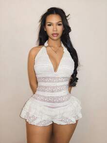 BamGleam 夏季度假风奶油色蕾丝吊带露背荷叶边无袖吊带衫 - 杏色 - 查看 3