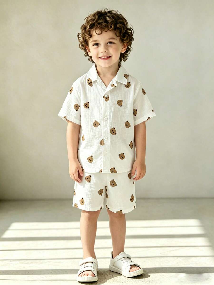 SHEIN Bộ 2 món áo sơ mi và quần short dệt kim kẻ sọc cho bé trai - trắng - Xem 1