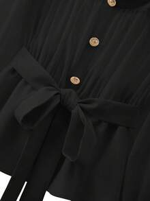 GlowEve CURVE Plus Size Women's Elegant Commuter Color Block Lantern Sleeve Blouse, Sunray Pleat Shirt, Spring Autumn - Black - View 3