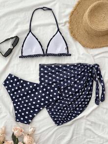 SHEIN Teen Girl 3 PiecesSwimsuit Set With Polka Dot Print, Tie-Front Bottoms And Skirt, Suitable For Summer Vacation And Beach - Navy Blue - View 2