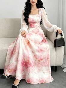 Modelyn Đầm dài tay cổ vuông in hoa thanh lịch dành cho nữ, thích hợp cho mùa xuân/hè. - Nhiều màu - Xem 4