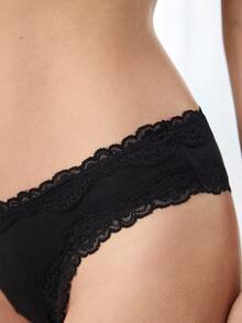 Ocili 100%纯棉舒适简约光滑蕾丝边女士内裤 - 黑色 - 查看 5