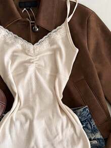 INAWLY Summer Y2K Vintage Lace Trim Decor Vacation Women Camisole Tank Top - Apricot - View 3