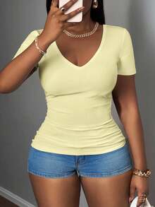 Slaydiva 2025 New Basic Sleeveless V-Neck Ribbed Tank Top For Plus Size Women, White - Light Yellow - View 5