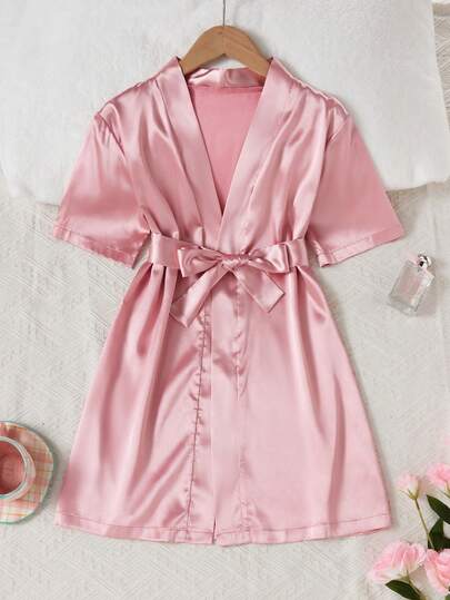 Bộ đồ ngủ satin mềm mại, thoải mái cho bé gái, màu hồng trơn, thích hợp mặc trong nhà và ngoài trời, dành cho bé gái tuổi teen.