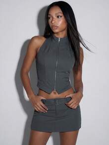 Normani 女士夏季休闲简约纯色拉链前开露背吊带上衣和系带半身裙两件套 - 深灰色 - 查看 7