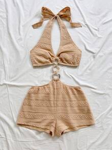 Soleia Backless Halter Jumpsuit For Beach Vacation - Khaki - View 3